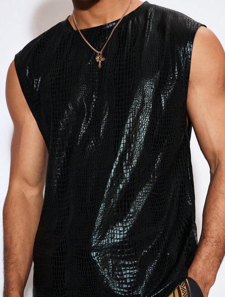 Men's Festival Clothing Knitted Leisure Snake Skin Print Pu Leather Fashion Broad Shoulder Black Plain Disco Sleeveless Tank Top